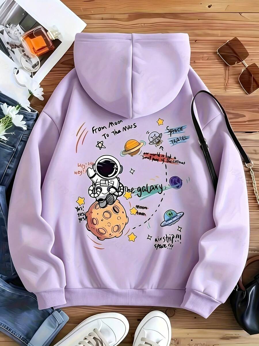 Plus Size Galaxy Star Print Lightweight Hoodie, Casual Long Sleeve Pullover With Pockets, Suitable For Autumn/Winter, Plus Size Women's Clothing, Perfect For Daily Wear, Outings, Parties, School, Music Festivals, Vacations, Commuting. Can Be Given As A Gift To Family, Boyfriend, Girlfriend, Friends, A Must-Have Winter Item For Girls. - Mauve Purple - View 1