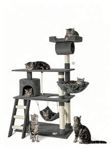 1 Pc Dual‑Style Cat Tree, Luxury Version 55.5 Inches, Regular Version 17 Inches, Wear‑Resistant Sisal Scratching Posts, Equipped With Cat House, Tunnel, Hammock, Ladder And Cat Teaser Pendant, Suitable For Indoor Household Pet Cats - Multicolor - View 8