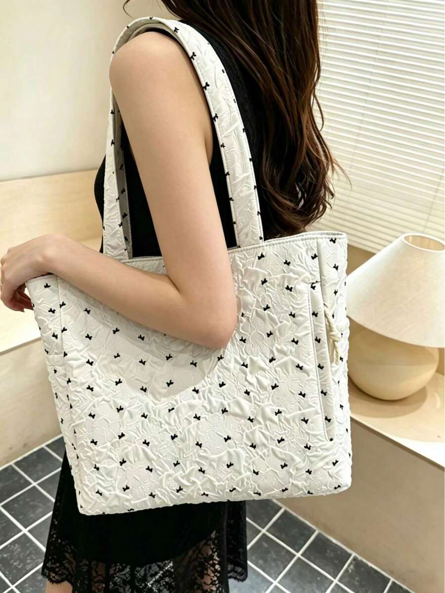Bolso Tote de Tela de Gran Capacidad para Mujer, Bolso de Hombro con Forma de Barril de Algodón Grueso Estampado, Adecuado para Compras, Viajes, Campus y Reuniones - Blanco - Ver 1