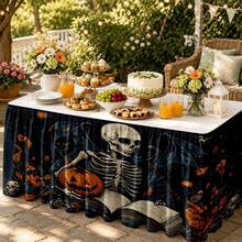 1pc Halloween Party Table Skirt, 2D Flat Skeleton Reading With Pumpkin Pattern, Suitable For Home Decor, Holiday Decoration, Party Supplies, Halloween Party Gift, Halloween Event Decoration, Tabletop Decoration - A - View 6