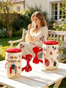 1pc Christmas Ceramic Mug With Bow-Shaped Handle, Santa, Snowman & Reindeer Pattern Coffee Cup, Red Lid And Cute Stirrer Included, Holiday Table Decoration, Festive Drinkware For Coffee & Cocoa, Ideal Christmas Gift For Family And Friends - Multicolor - View 7