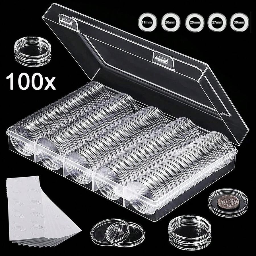 100 PCS Coin Capsules Holder 30MM 5 Sizes Transparent Plastic Coin Storage Box Organizer Case Container Foam Gasket For Commemorative Coin Collection Display - A - View 1