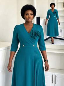 NOU Women's Mid-Length Dress, Basic V-Neck With Puffed Shoulders And 3/4 Sleeves, Large 3D Floral Decor On Chest With Pleated Design, Cinched Waist With Pearl Button Detail, Visual Slimming Effect, A-Line Skirt, Elastic Fabric For Comfortable And Unrestricted Fit, Versatile Basic Style, Suitable For Work, Commute, Office And Daily Wear - Teal Blue - View 3