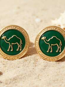 Saudi National Day Camel Stud Earrings Green Enamel Gold Round Earrings Holiday Jewelry Gift - Multicolor - View 4