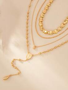 Set Kalung Wanita 3 Buah Berlapis, Rumbai Bentuk Tetesan Air, Aksesori Berlapis Anti Karat, Kalung Rantai Panjang, Hadiah untuk Acara Perjamuan - Emas - View 4