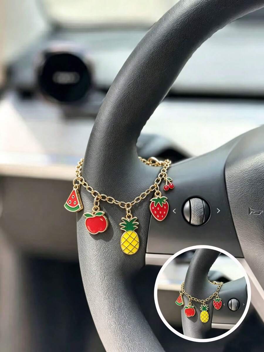 1pc Cute Fruit Charms Steering Wheel Decor Chain, Watermelon Apple Pineapple Strawberry Cherry Pendant Vehicle Interior Ornament, Car Accessory - A - View 1