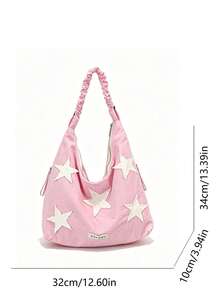 Star Patchwork Decor Shoulder Tote Bag, Ruched Strap Design, Vibrant Casual Style Women's Bag, Suitable For Daily School, Shopping, Dating, Travel, Fashionable Outfit - Pink - View 2