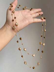 1PC Layered Beaded Chain Long Necklace, Vintage Y‑Shape Wrap Necklace, Dainty Statement Neck Jewelry For Women Daily Party Occasions - Gold - View 9