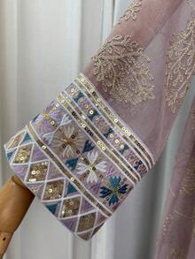 2件組 Abaya 套裝，中式立領亮片幾何刺繡開襟外套 + 內搭洋裝，杜拜摩洛哥卡夫坦風，開齋節派對穆斯林女性優雅套裝 - 粉色 - 查看 10
