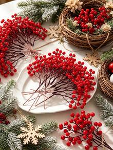 5PCS Multi‑Heads Artificial Red Holly Berry Stems, Glossy Faux Red Berry Picks, Christmas Tree Wreath Vase Arrangement DIY Stems, Winter Xmas Holiday Home Table Decor - Red - View 2