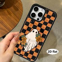 1 buah Casing Ponsel Minimalis Motif Hantu Putih Lucu dengan Latar Belakang Kotak-kotak Kontras Hitam & Oranye, Kompatibel dengan Seri Apple, Casing Ponsel Apple 16 Pro Max, 11/12/13/14 Plus/XR/7/8 Plus/15 Pro Max, dan Kompatibel dengan Seri [Versi Internasional, Bukan Versi Lokal] - Hitam - View 4