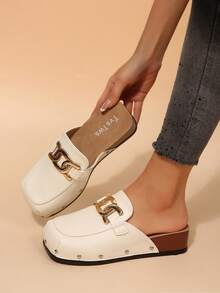 Summer New Beige Multi-Color Optional Flat Slip-On Sandals, French Vintage Versatile Soft Sole Anti-Slip Roman Style Half-Toe Commuter Casual Beach Shoes, Metal Buckle Square Toe Women's - Beige - View 4