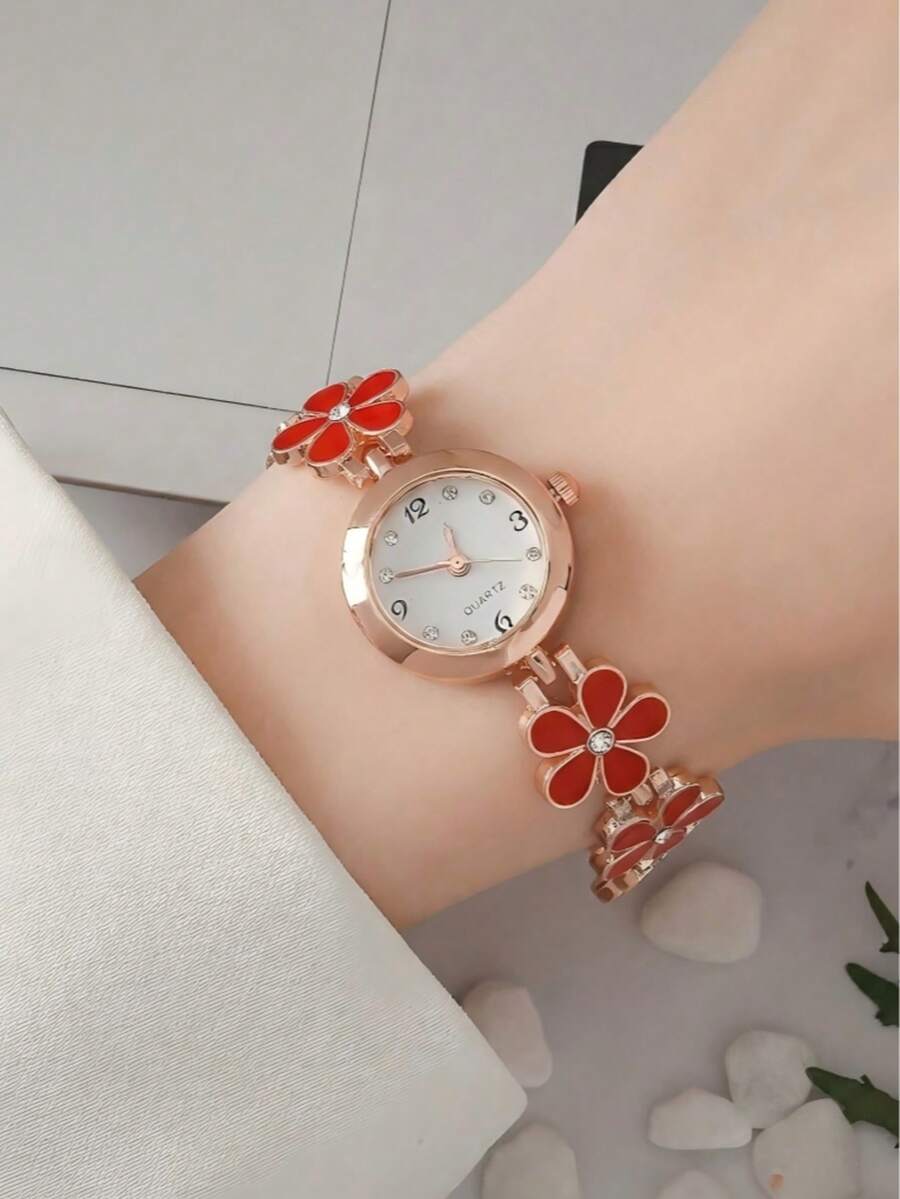 Women's Rose Gold Quartz Watch With Red Flower Bracelet Band, Rhinestone Studded Small Dial Wristwatch, Christmas Birthday Gift For Her - Red - View 1