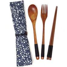 3pcs Wooden Flatware Set,Wooden Convenient Tableware Spoon Chopsticks And Fork,Kitchen,Christmas Gift,School Supplies - Brown - View 14