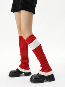1 Pair Colorblock Square Acrylic Knit Lace Leg Warmers/Foot Warmers/Sock Covers For Women, Suitable For Autumn/Winter - Red - View 2