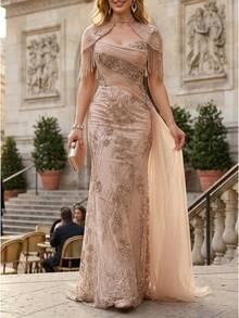Ivity Tassel Shawl Mesh Ruched Elegant Hip-Hugging Fishtail Skirt Tulle Side Drape Evening Gown/Dry Cleanable/Suitable For Weddings, Banquets, Parties - Apricot - View 6