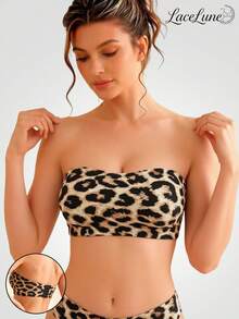 Women's Brown Sexy Strapless Bandeau Bra, Invisible Leopard Print Strapless Bra With Open Back Design, Non-Slip Wire-Free Backless Bra - Brown - View 2
