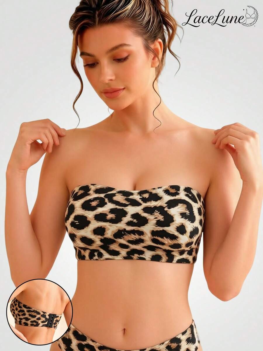Women's Brown Sexy Strapless Bandeau Bra, Invisible Leopard Print Strapless Bra With Open Back Design, Non-Slip Wire-Free Backless Bra