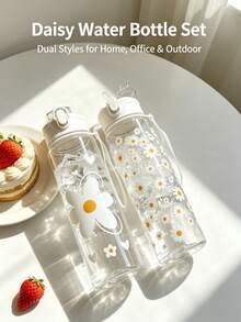 Daisy Pattern Transparent Water Bottle, Leakproof Portable Drinking Bottle With Straw & Lanyard, Reusable Clear Cup For Daily Use, Halloween, Christmas, Back-To-School Essential - Multicolor - View 5