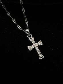 1Pc Dainty Cross Cubic Zirconia Pendant Necklace,14K Gold Plated Copper Pendant Stainless Steel Chain,Women Jewelry For Daily Wear Birthday Party Gift - Gold - View 11