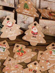 98pcs Vintage Christmas Tree Shaped Slogan Pattern Gift Tags With Rope, Santa Claus And Snowman Pattern Paper Gift Decoration Labels, Suitable For Christmas Party Gifts, Christmas - Multicolor - View 2