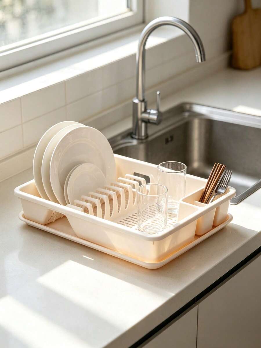 1‑Piece Dish Rack, For Divided Storage Of Bowls, Plates, Chopsticks And Spoons. Comes With A Water‑Drip Tray For Quick Water Draining. Stable Placement And Neat Storage. - Random Color - View 1