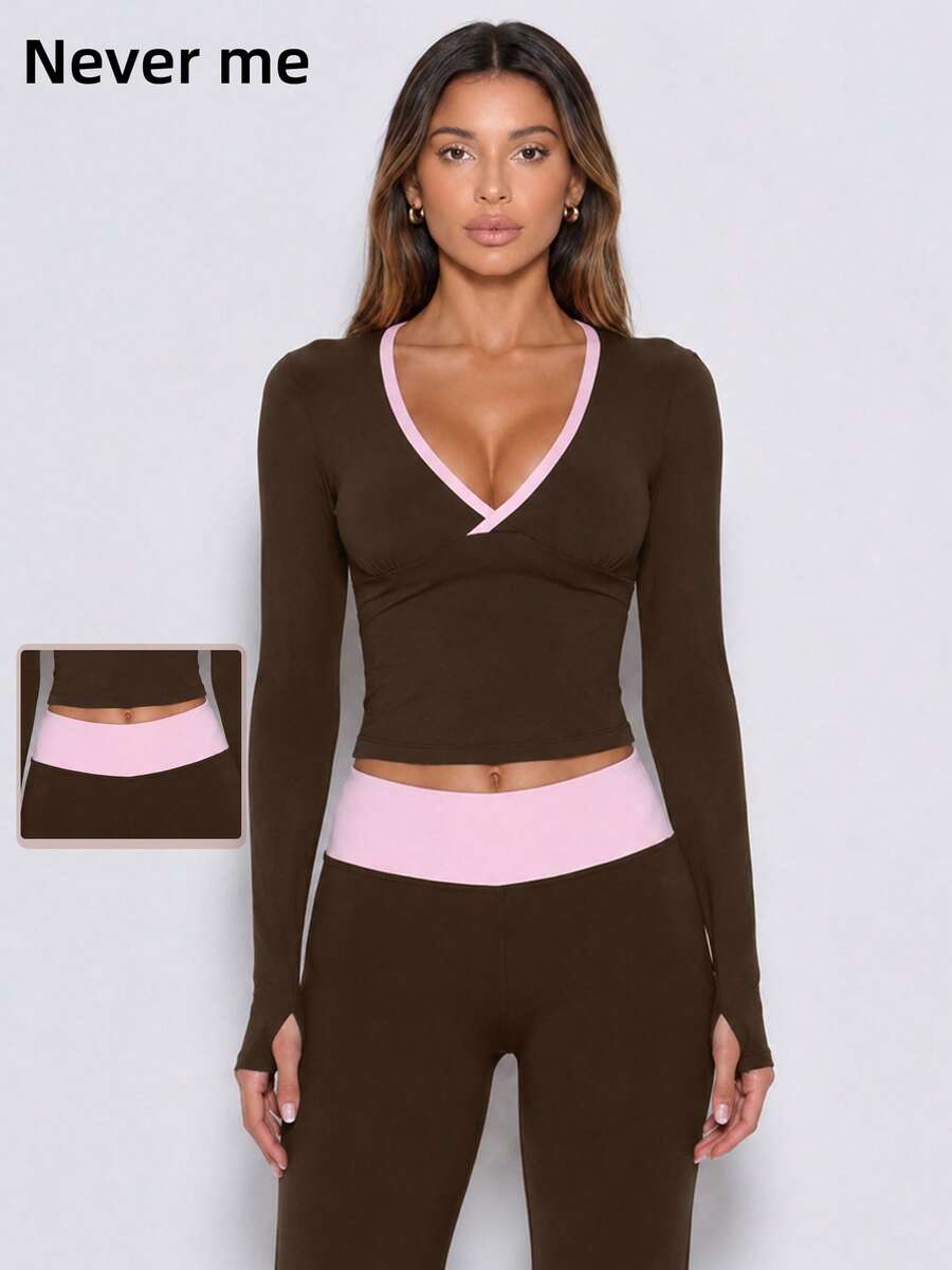 Never me Contrast Color V-Neck Cropped Fitted Long Sleeve Sports Set, Yoga Pilates Outdoor Jogging Daily Commute Outfit - Black - View 1