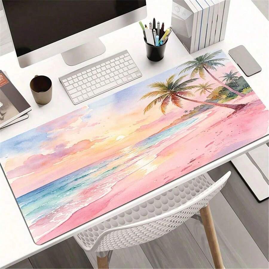 Tropical Sunset Palm Tree Beach Mouse Pad For Women Ocean Waves Vacation Style Gift Mouse Pad, Pastel Watercolor Artwork, Relaxing Scene, Ideal Gift For Beach Lovers, Pink - Mouse Pad - View 1