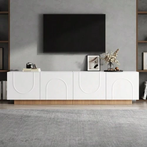 TV Stand, Modern Low TV Cabinet For Living Room, TV Console With Doors, Modern Design, Sideboard With Storage, Arched Front, Cabinet - White - View 1