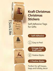 200/300pcs Self-Adhesive Kraft Paper Labels, Christmas Gift Tags, Vintage Style Gift Label Stickers, Suitable For Gift Wrapping, Christmas Gifts, Home Decor, Christmas Wrapping Paper - Multicolor - View 3