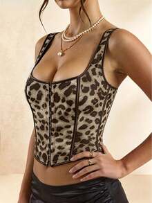 ApperlothPOP Vintage Leopard Print Corset Top, Front Button Metal Eyelet Lace-Up Back,Asymmetrical Hem Lace-Up Bust Shaping Corset, Halloween Outfit - Multicolor - View 8