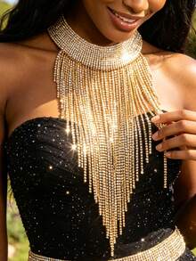 Luxury Women's Sparkling Tassel Rhinestone Necklace, Glamorous Jewelry Accessory For Party, Nightclub, Dance And Dress - Gold - View 1