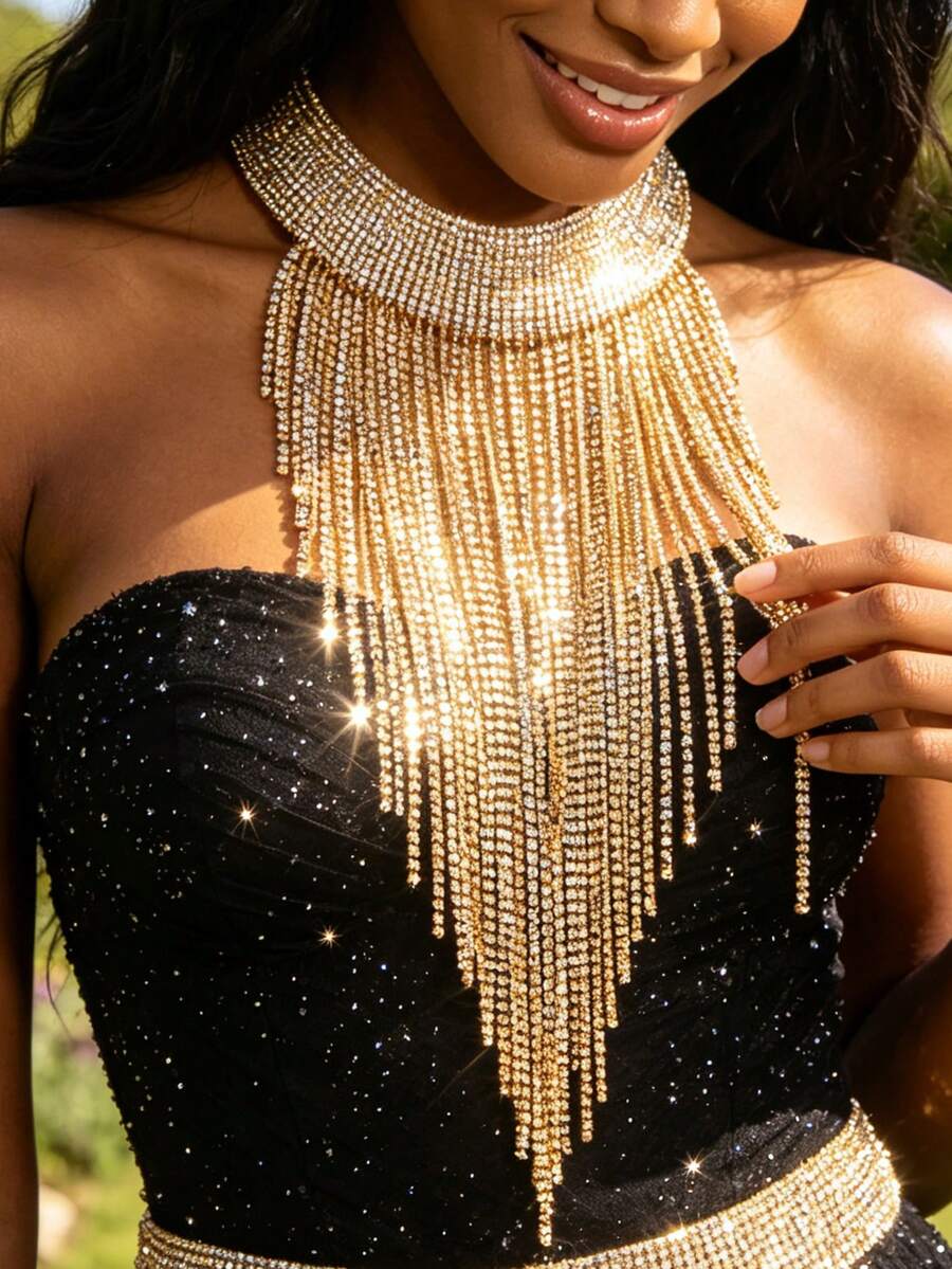 Luxury Women's Sparkling Tassel Rhinestone Necklace, Glamorous Jewelry Accessory For Party, Nightclub, Dance And Dress - Gold - View 1