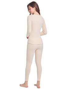 2pcs/Set Women's Thermal Underwear Set, Round Neck Top + Pants, Winter Base Layer Thermal Top And Leggings - Beige - View 4