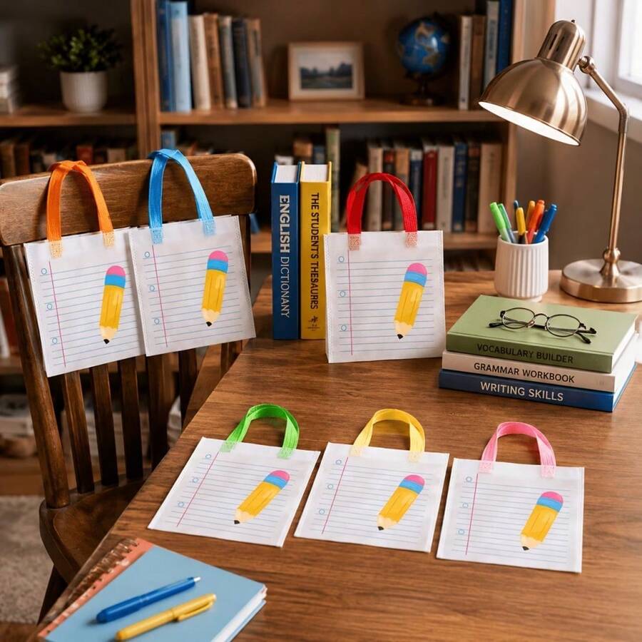 Random Color Back To School Gift Bags Teacher Gift Bags Bulk School Gift Bags With Handle Pencil Notebook Line Pattern Teacher Appreciation Gift End Of School Year Teacher Gift Bags Promotion Retirement Packaging Supplies Suitable For Graduation Season - View 1