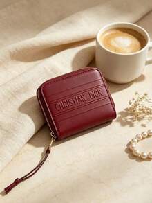 Vintage Embossed Short Zipper Coin Purse, Portable Multi-Slot Card Holder, Compact Handheld Storage Bag, Suitable For Commuting, Travel, Dating, Daily Use, Holiday And Anniversary Gift Choice, Women's Fashion Wallet Dior - Red - View 2
