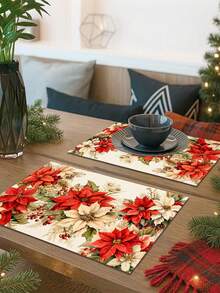 1pc Christmas Pattern Printed Table Runner, 4pcs Christmas Pattern Printed Placemats, Suitable For Holiday, Party, Birthday, Dinner, Kitchen Dining Table Decoration, All Season Room Decor, Home Textile Decoration Table Runner - Multicolor - View 4