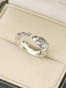 1pc Vintage Koi Fish Ring, Jumping Carp Personalized Minimalist Distressed Adjustable Finger Ring - Antique Silver - View 2