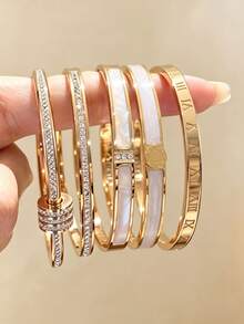 5pcs/Set Women's Open Bangles, Rotating Rhinestone, Shell Inlay, Ocean Embossed & Roman Numeral Design, Stackable Wrist Jewelry, Suitable For Daily Wear & Party - Gold - View 3
