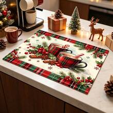 1pc Dish Drying Mat, Coffee Machine Mat, Christmas Red Plaid Coaster, High Absorbency Quick Dry Mat, Suitable For Kitchen Table, Bar Counter Decoration And Protection, Christmas Atmosphere Desktop Protector, Multi-Purpose Drying Mat, Home Gift, Desktop Decoration, Holiday Room Decor - XYLSD-976 - View 2