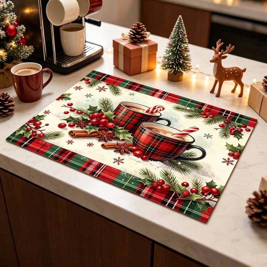 1pc Dish Drying Mat, Coffee Machine Mat, Christmas Red Plaid Coaster, High Absorbency Quick Dry Mat, Suitable For Kitchen Table, Bar Counter Decoration And Protection, Christmas Atmosphere Desktop Protector, Multi-Purpose Drying Mat, Home Gift, Desktop Decoration, Holiday Room Decor