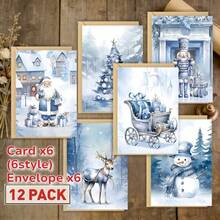 1 Set Christmas Holiday Thank You Card Set - With Envelopes, Includes 6 Cards And 6 Envelopes, Perfect For Winter Holiday Gatherings. Featuring Designs Of Blue Santa, Snowman, Blooming Flower, Reindeer And Christmas Tree, Suitable For Christmas, Thanksgiving, Birthday Parties And Celebrations, Blank Inside, 3D Display, High-Quality Paper. - 6 Greeting Cards + 6 Envelopes - View 5
