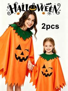 Halloween Pumpkin‑Print Parent‑Child Cape Set, Jagged Hem With Green Collar, Cosplay Costume For Holiday Party - Multicolor - View 1