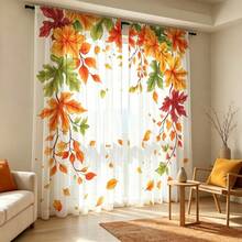 2PCS Autumn Sheer Curtains, Colorful Autumn Leaf Patterns, Pole Pockets, Holiday Prints, Suitable For Living Rooms And Bedrooms, Apartments, Balcony Decoration, Christmas, Thanksgiving, Halloween - Multicolor - View 6