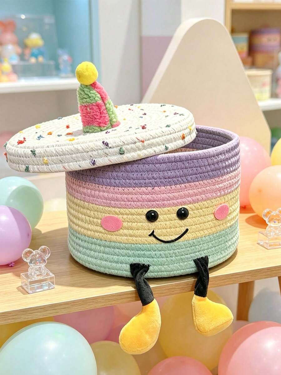1pc Multicolor Cake-Shaped Storage Basket, Woven Cylindrical Organizer Bin With Lid, Plush Party Hat Design, Face Decoration, Desktop Storage Box, Suitable For Birthday Party, Home Indoor Daily Use