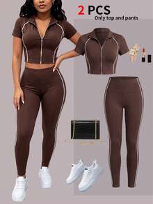 Spring/Autumn Women's New Round Neck Short Sleeve T-Shirt And Casual Daily Elastic Waist Loose Long Pants 2 Pieces Set, Lightweight Outfit Elegant - Dark Brown - View 1