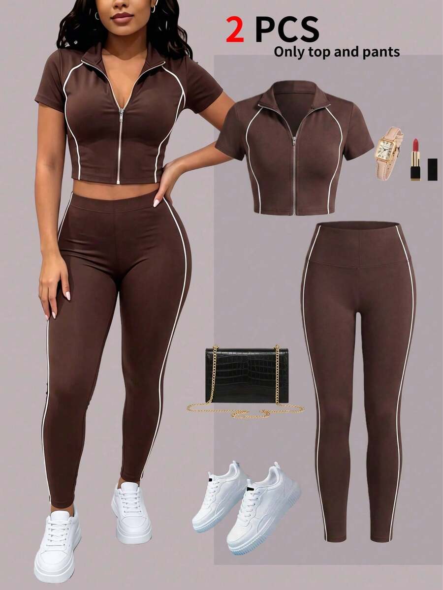 Spring/Autumn Women's New Round Neck Short Sleeve T-Shirt And Casual Daily Elastic Waist Loose Long Pants 2 Pieces Set, Lightweight Outfit Elegant - Dark Brown - View 1