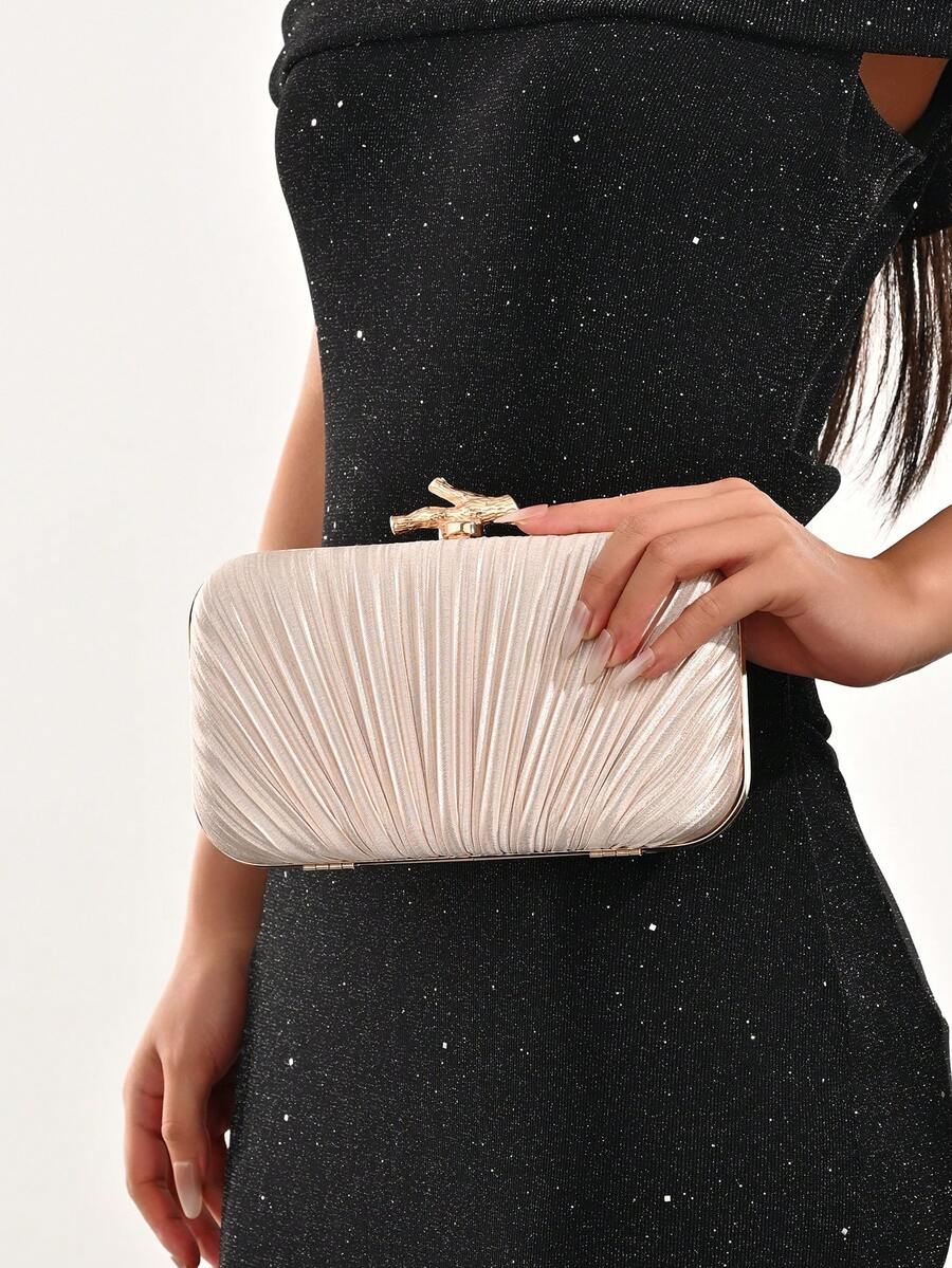 LJDCRFT Elegant Pleated Hard-Shell Evening Clutch, Unique Branch-Shaped Metal Clasp, Suitable For Weddings, Balls, Banquets, And Other Occasions. - Champagne - View 1