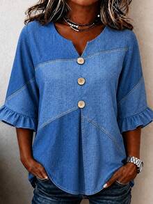 Blus Wanita Ukuran Besar Motif Denim Imitasi Blok Warna, Kerah V Berlekuk, Kancing Depan, Lengan 3/4 Berkerut, Atasan Kasual Longgar untuk Musim Gugur - Biru - View 1