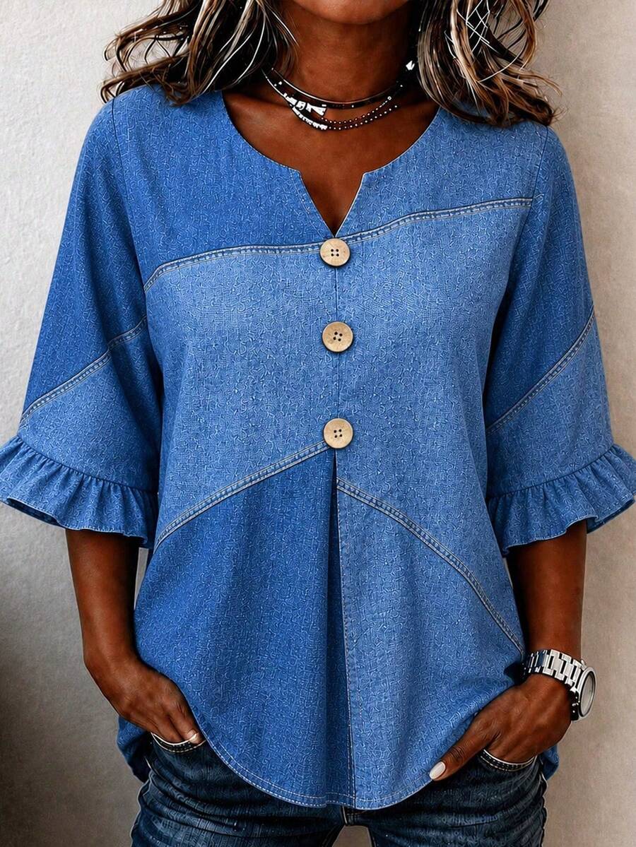 Blus Wanita Ukuran Besar Motif Denim Imitasi Blok Warna, Kerah V Berlekuk, Kancing Depan, Lengan 3/4 Berkerut, Atasan Kasual Longgar untuk Musim Gugur - Biru - View 1